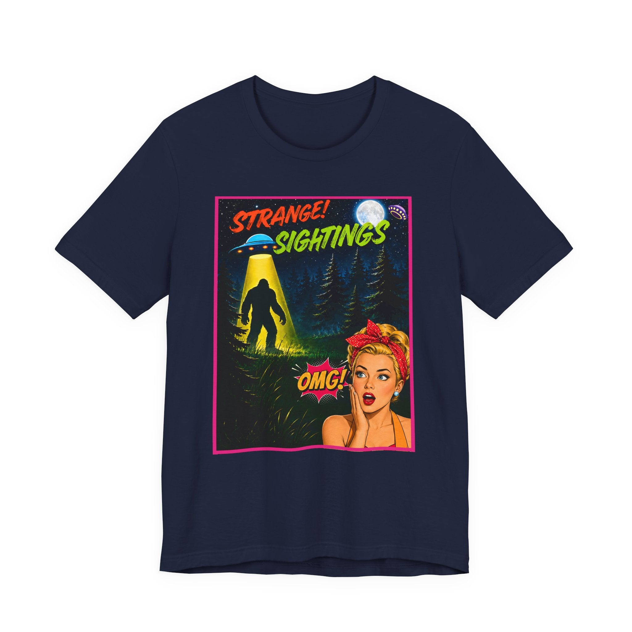Retro 1950s UFO Bigfoot Alien Abduction T-Shirt - Vintage Sci-Fi Comic Book Graphic Tee"Retro
