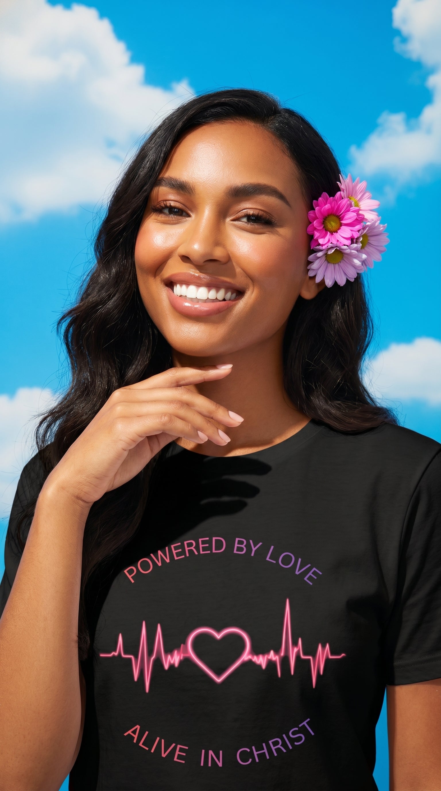 T-Shirt — "Powered by Love, Alive in Christ" Heartbeat Christian Tee