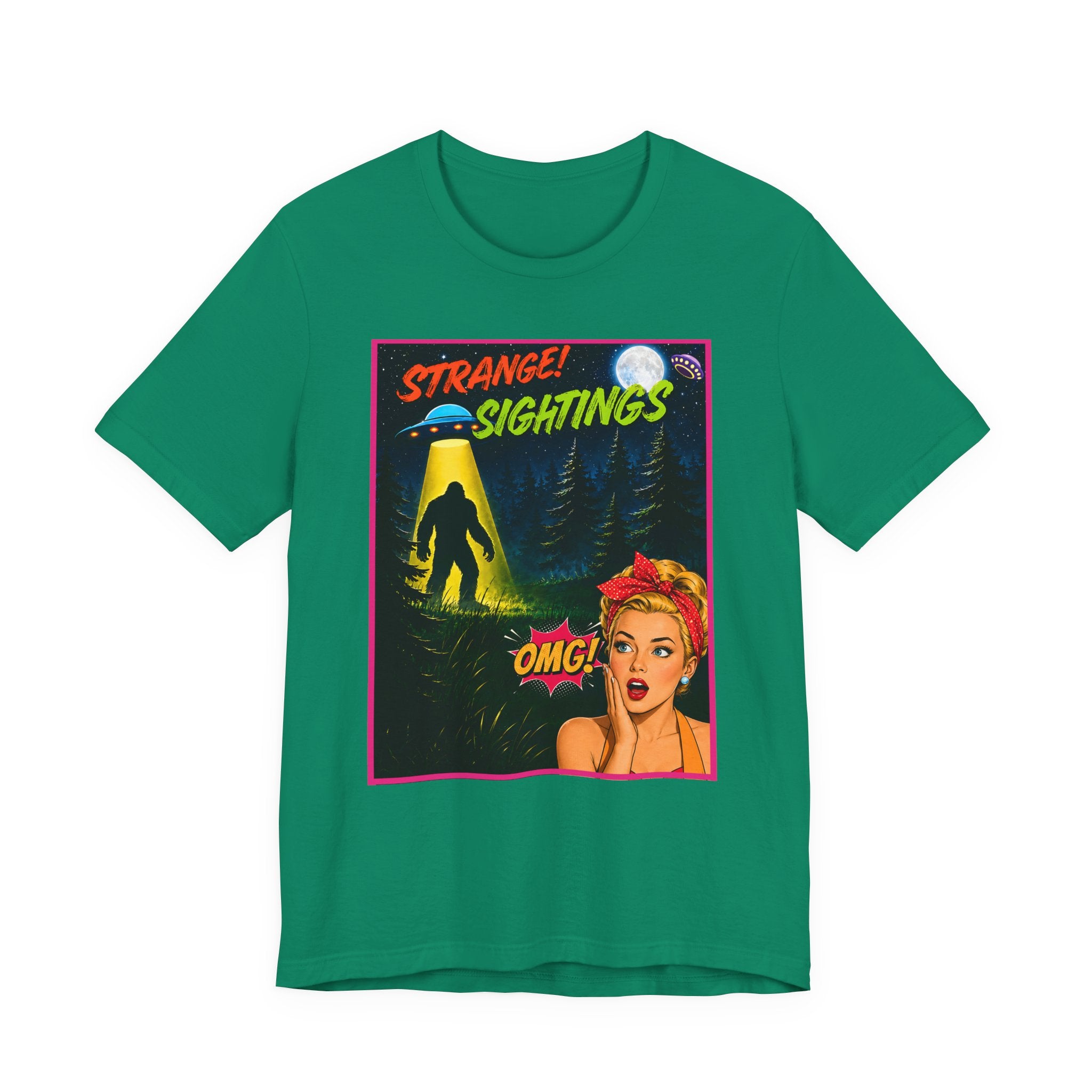 Retro 1950s UFO Bigfoot Alien Abduction T-Shirt - Vintage Sci-Fi Comic Book Graphic Tee"Retro