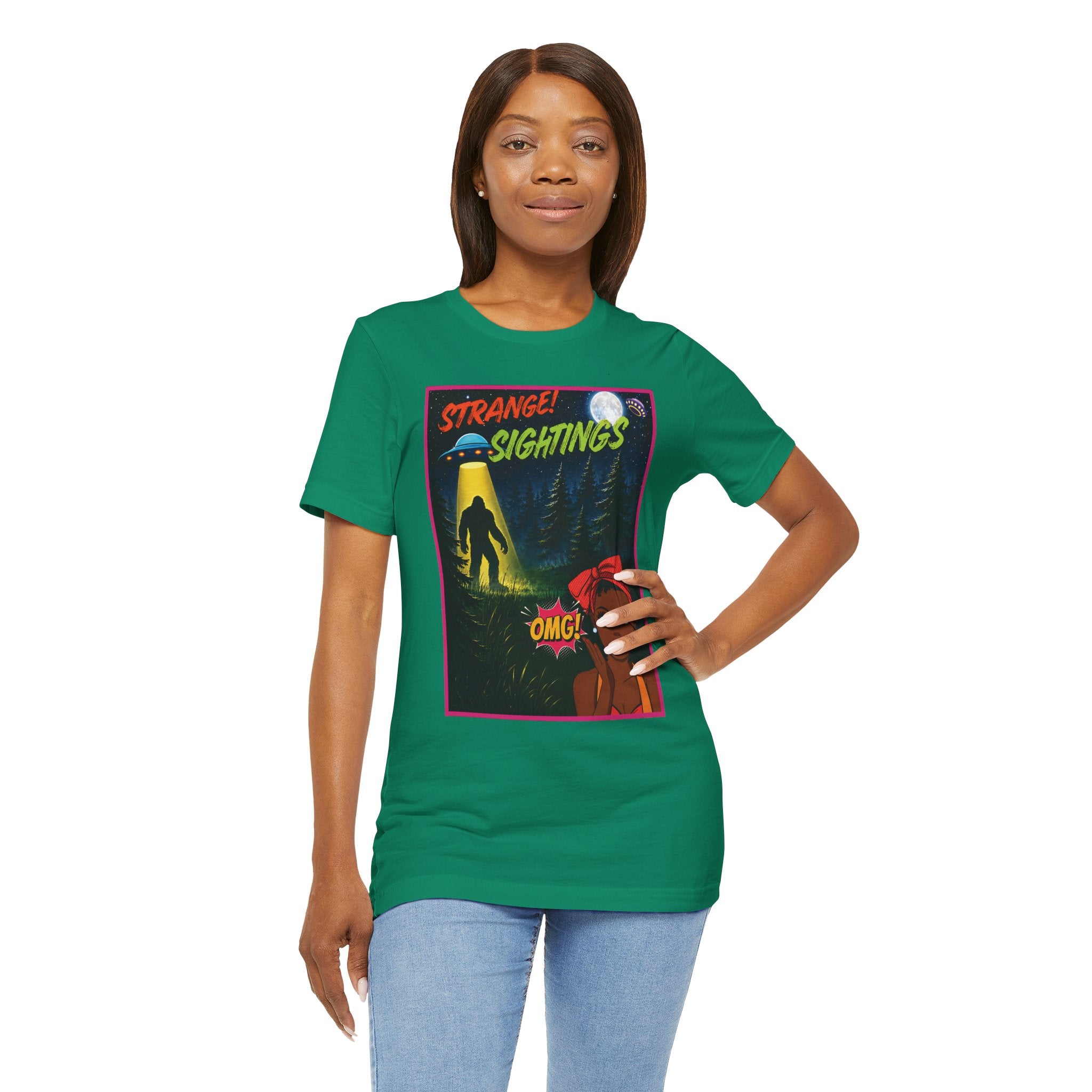 Retro 1950s UFO Bigfoot Alien Abduction T-Shirt - Vintage Sci-Fi Comic Book Graphic Tee"